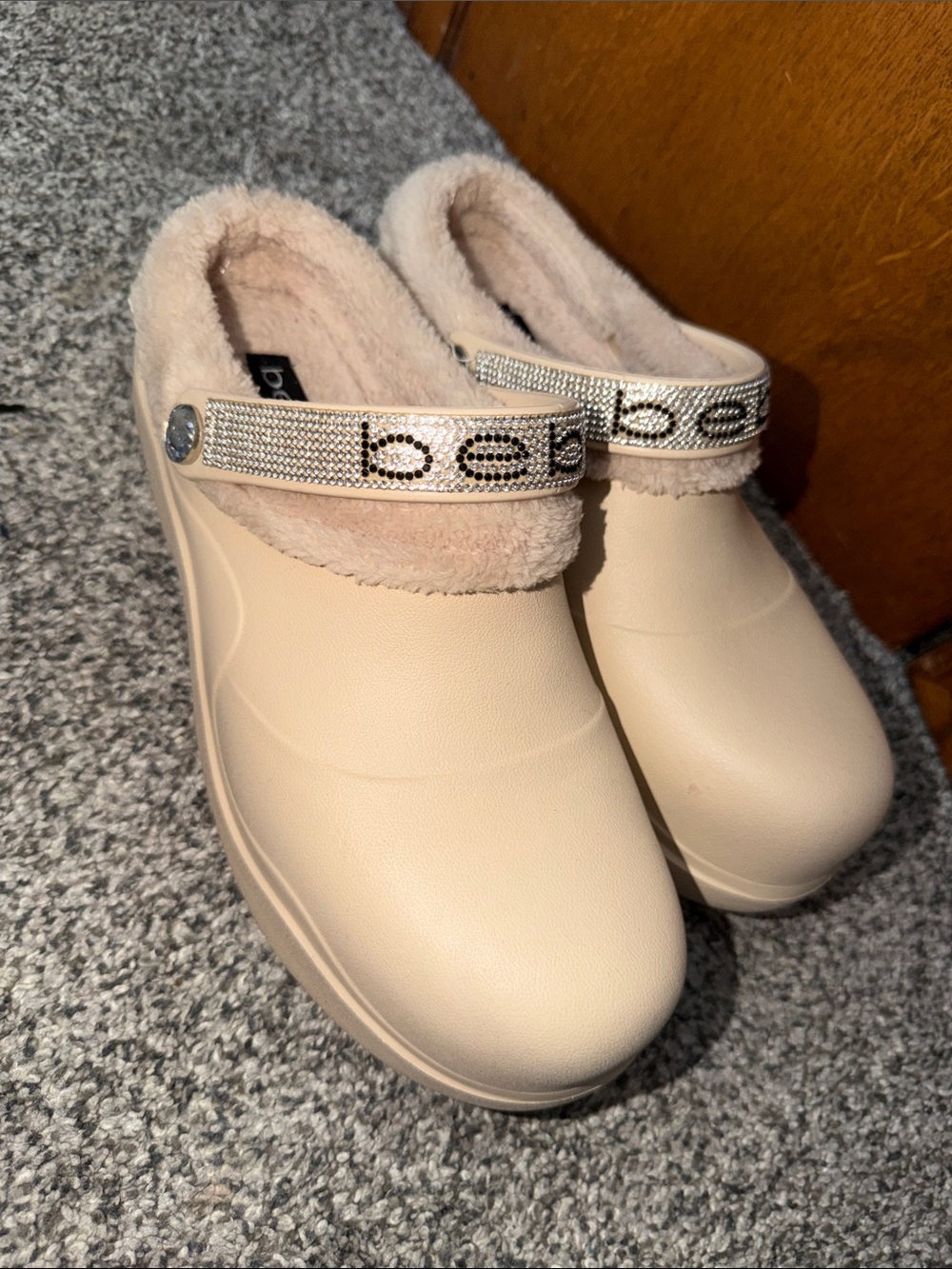 bebe Beige Faux-Fur Clog with Embellished Logo Strap